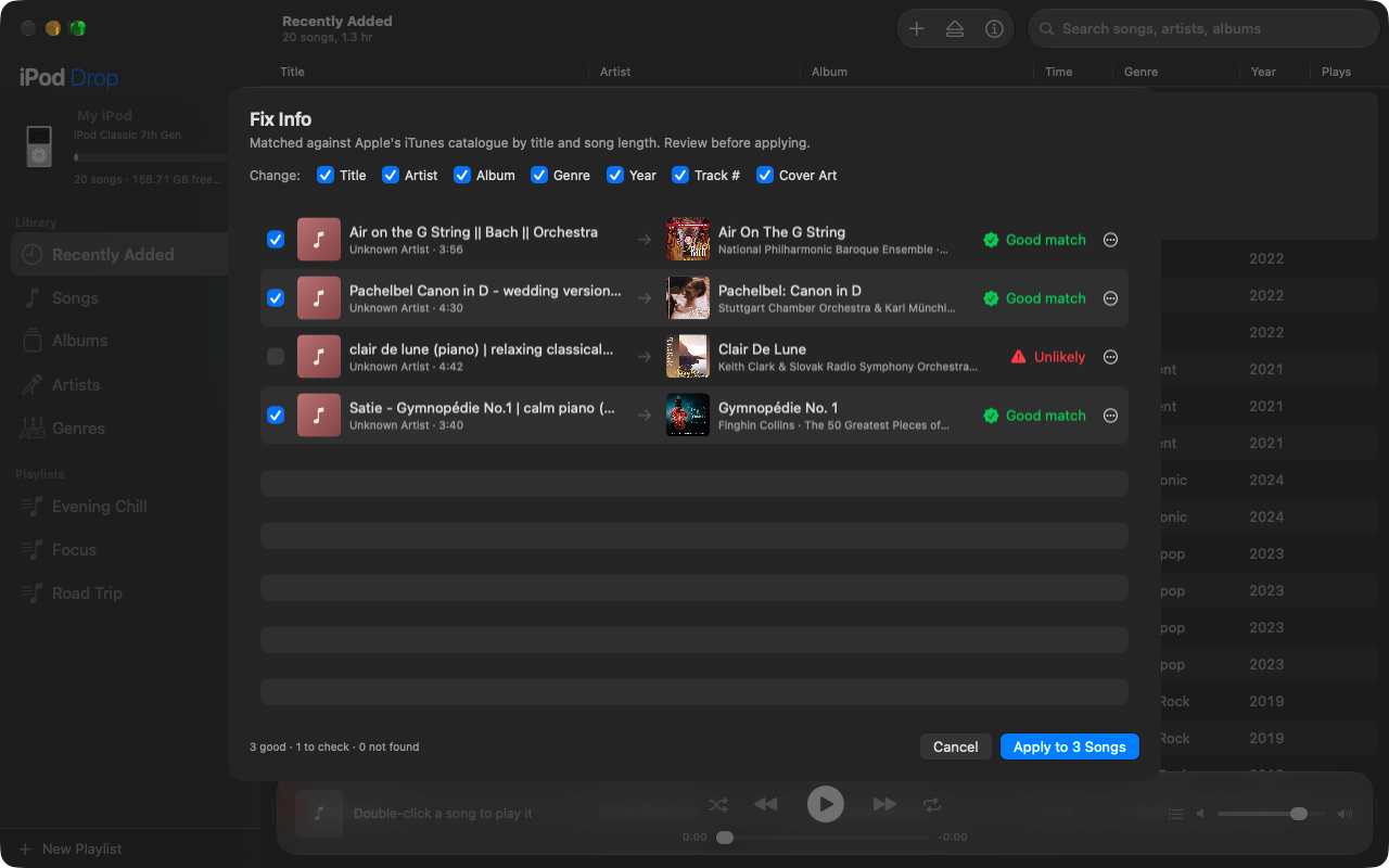 The Fix Info sheet matching four messy song titles to catalogue recordings with cover art