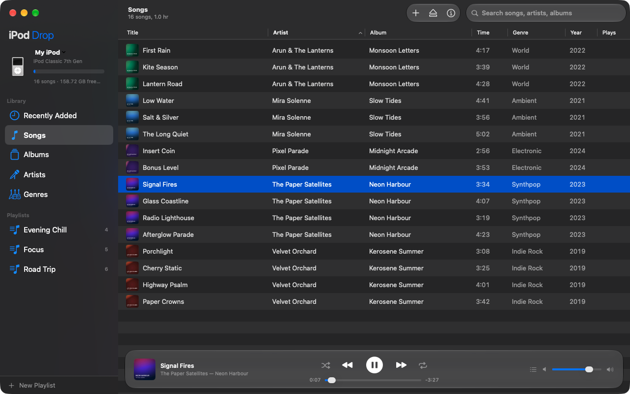 iPod Drop's library window showing songs on an iPod classic, with a song playing in the player bar