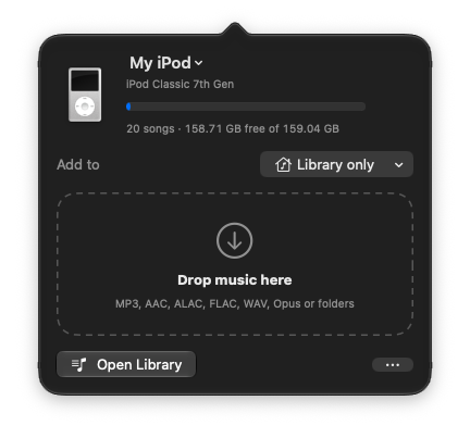 The iPod Drop menu bar popover with a drop zone, the connected iPod and a playlist picker